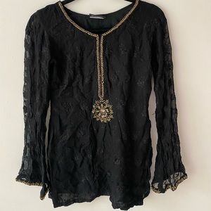 Black and Gold Top with Embroiderey Sheer Sleeves